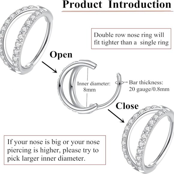 Silver Double Row CZ Hoop Nose Ring 20G 8mm Surgical Steel Jewelry for Piercing - Picture 4 of 7